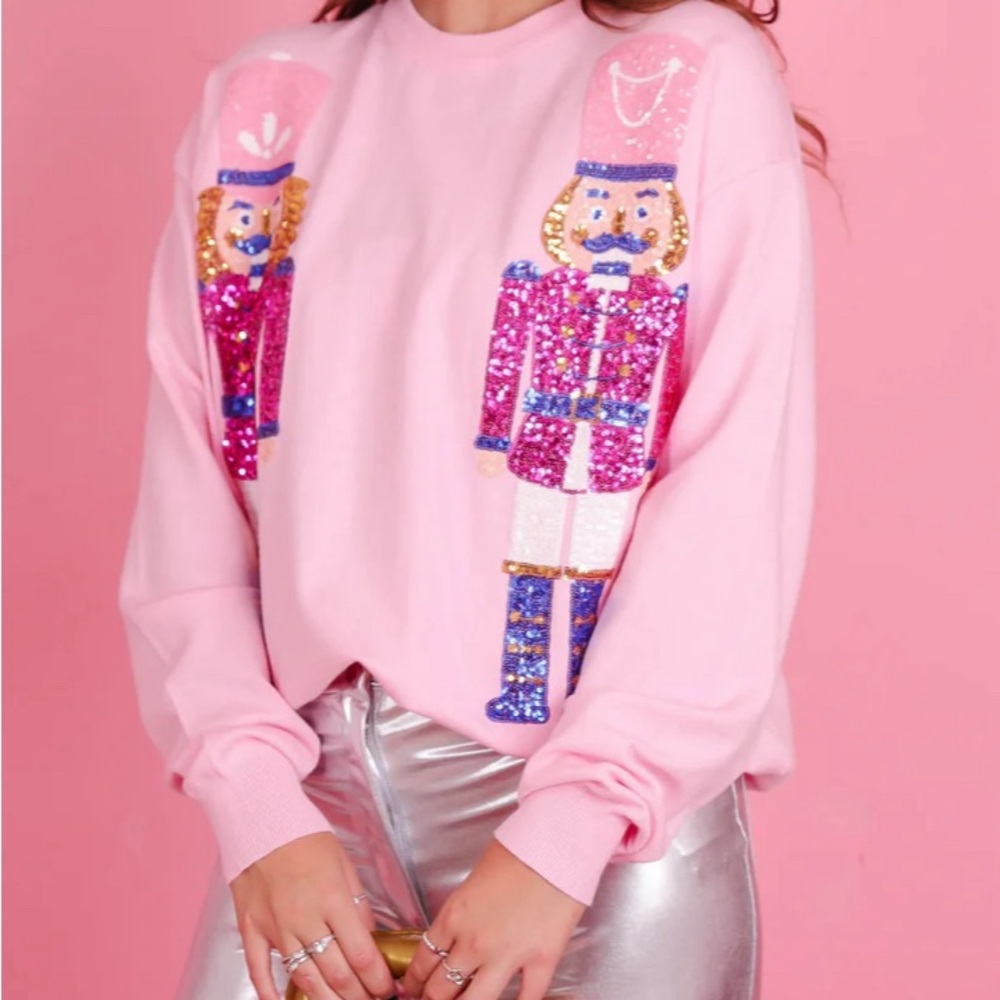 Adorable! Nutcracker pastel pink sequin Christmas sweater crew neck pullover 🎄 - Picture 6 of 8